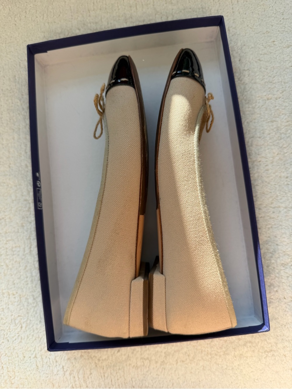 Prada Beige Canvas Ballet Flats with Black Patent Cap Toe - Picture 3 of 5
